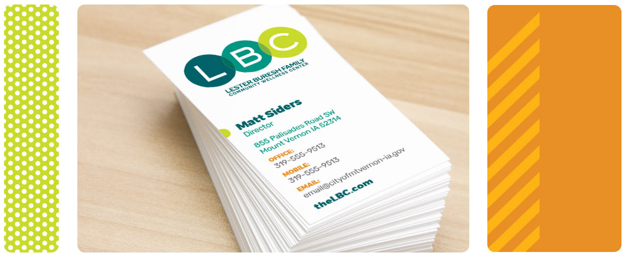Branded business cards for the director of the Lester Buresh Family Community Wellness Center