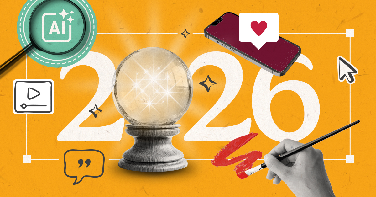 Crystal ball, magnifying glass, paintbrush, and the year 2026.
