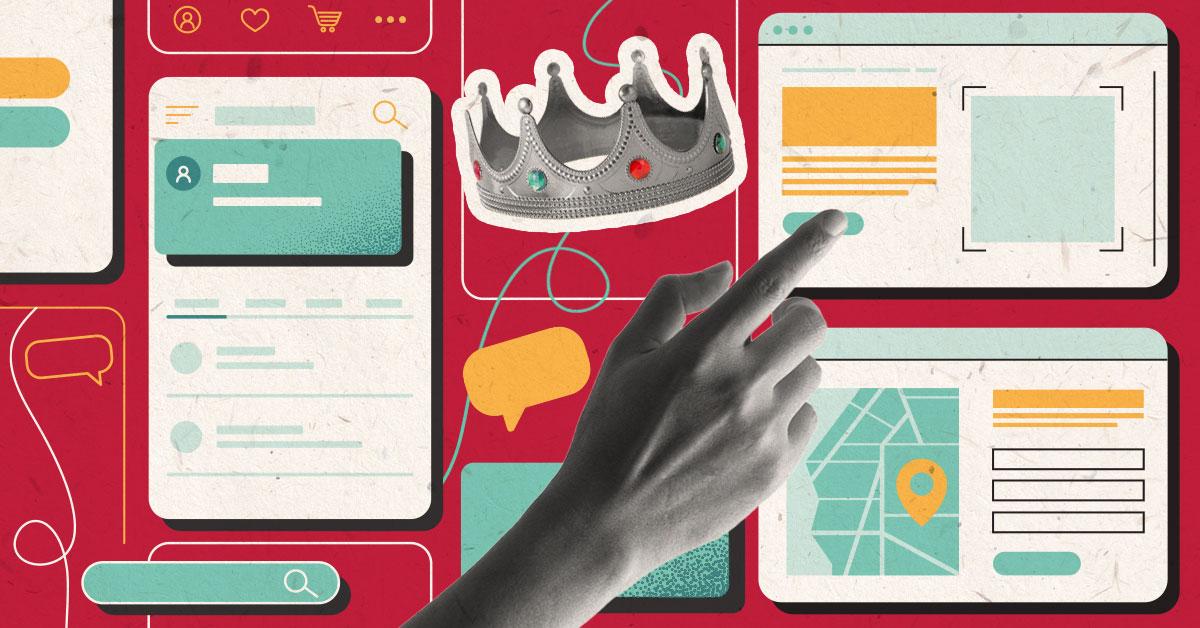 A hand, crown, and webpages.