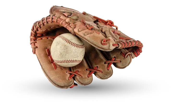 Worn leather baseball glove with a baseball nested in the pocket