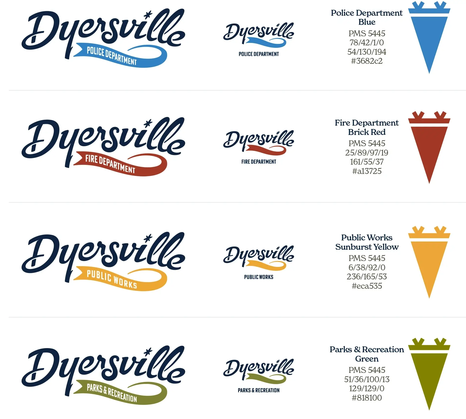 Dyersville city department branding guidelines showing logo variations and color specifications for Police Department (blue), Fire Department (brick red), Public Works (sunburst yellow), and Parks & Recreation (green)