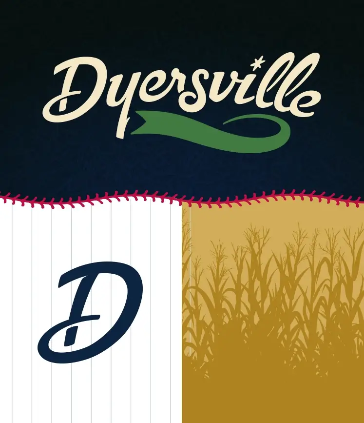 Dyersville logo with stylized script text and green flourish above a baseball field fence and cornfield