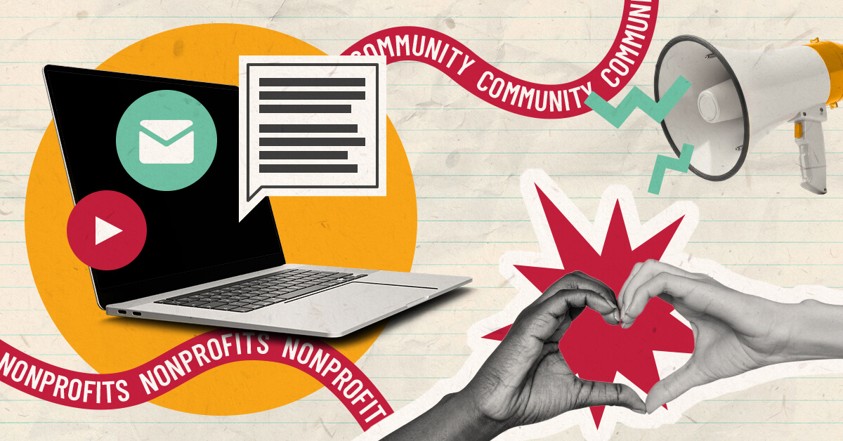 Laptop displaying email, video, and text icons with megaphone, hands forming heart shape, and repeated text ribbons illustrating nonprofit community engagement and digital marketing services