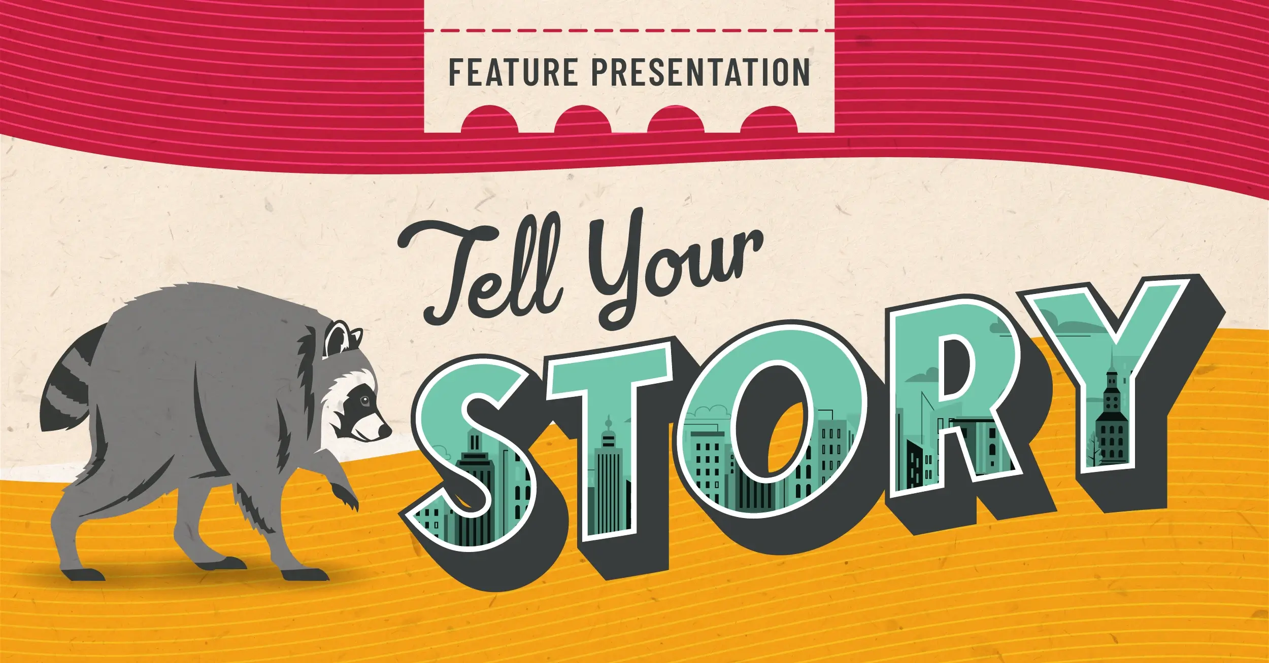 Raccoon illustration with text 'Tell Your Story' featuring cityscape buildings, promoting storytelling services