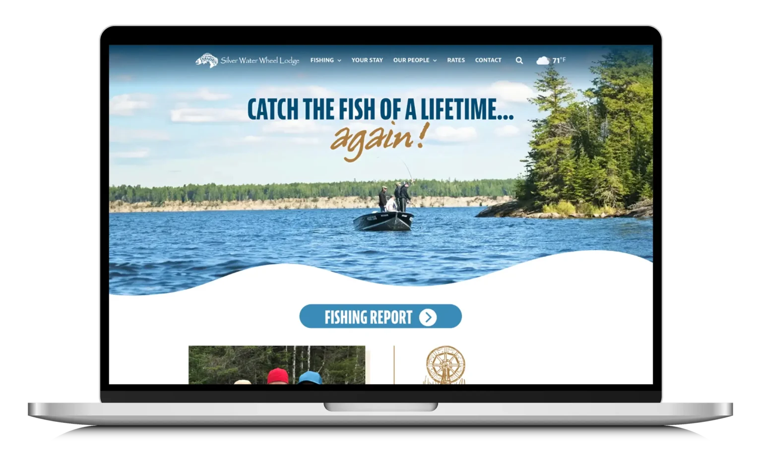 Fishing boat with two people on a lake surrounded by forested shoreline, representing Silver Water Wheel Lodge's fishing destination