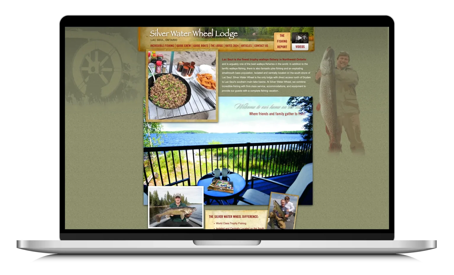 Silver Water Wheel Lodge website homepage featuring lake views, fishing photos, food, and accommodations for walleye fishing trips on Lac Seul, Ontario