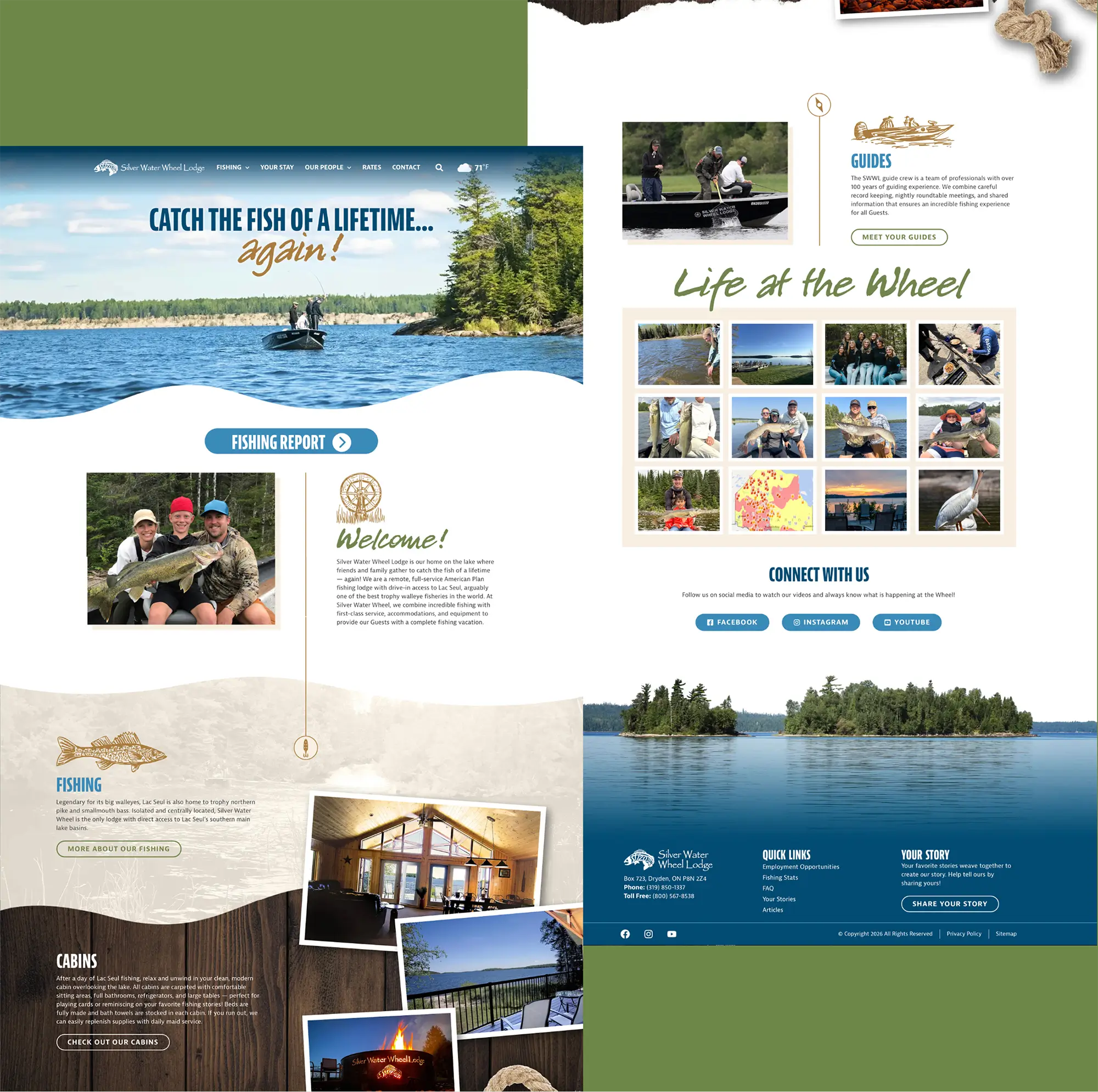 Silver Water Wheel Lodge website homepage featuring fishing boat on lake, guides with caught fish, cabin interior and lakeside views, highlighting fishing vacation packages and accommodations